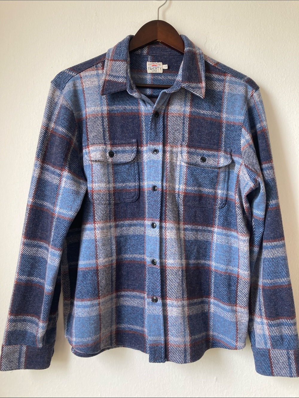 Faherty Legend Sweater Shirt Blue Brown Plaid Shacket Men’s Large